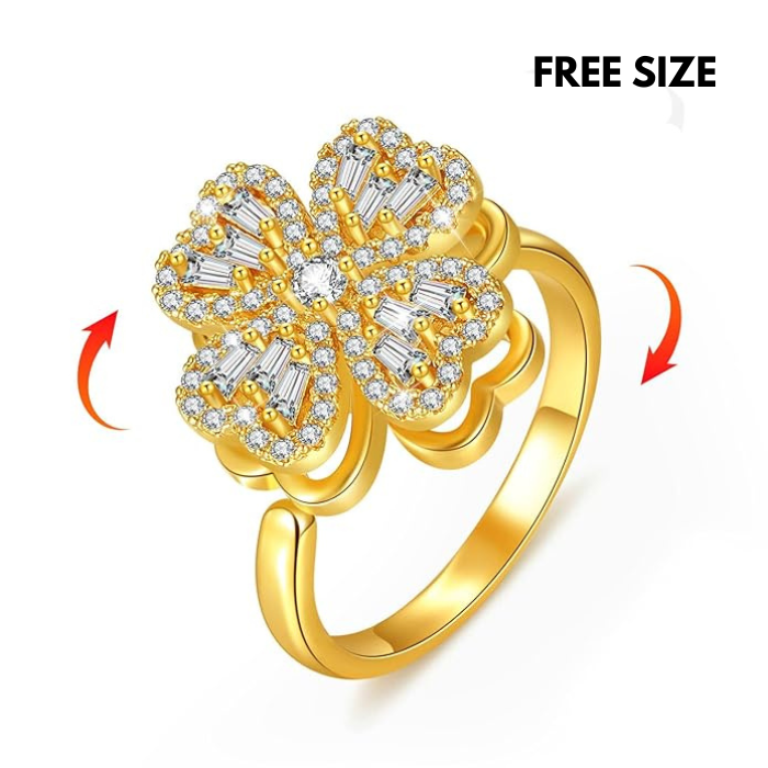 Four Leaf Clover Spinner Ring – Stainless Steel Anti-Stress Fidget Ring for Women – Zircon Rotatable Anxiety Ring – Aesthetic Jewelry Gift