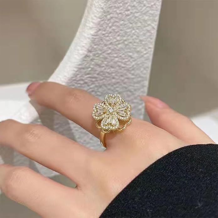 Four Leaf Clover Spinner Ring – Stainless Steel Anti-Stress Fidget Ring for Women – Zircon Rotatable Anxiety Ring – Aesthetic Jewelry Gift