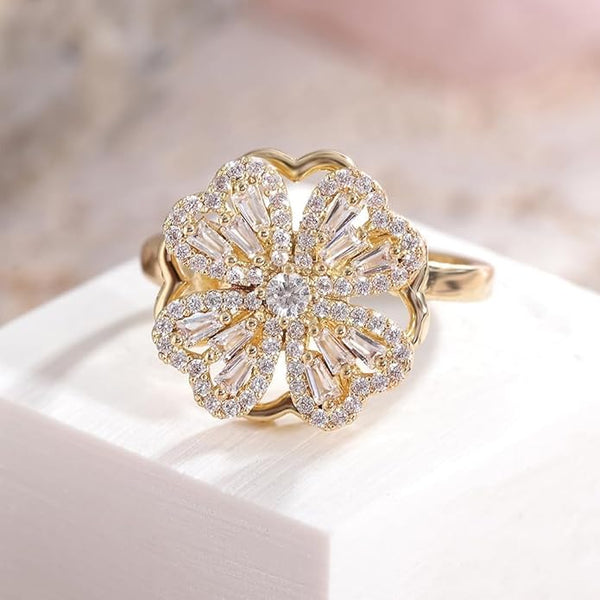 Four Leaf Clover Spinner Ring – Stainless Steel Anti-Stress Fidget Ring for Women – Zircon Rotatable Anxiety Ring – Aesthetic Jewelry Gift