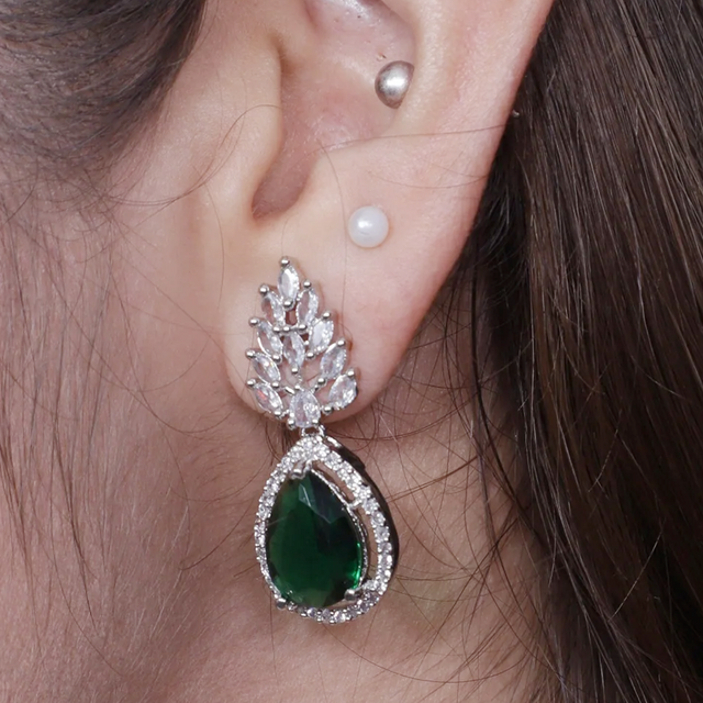 Vioras Green Rhodium Plated Earring Set