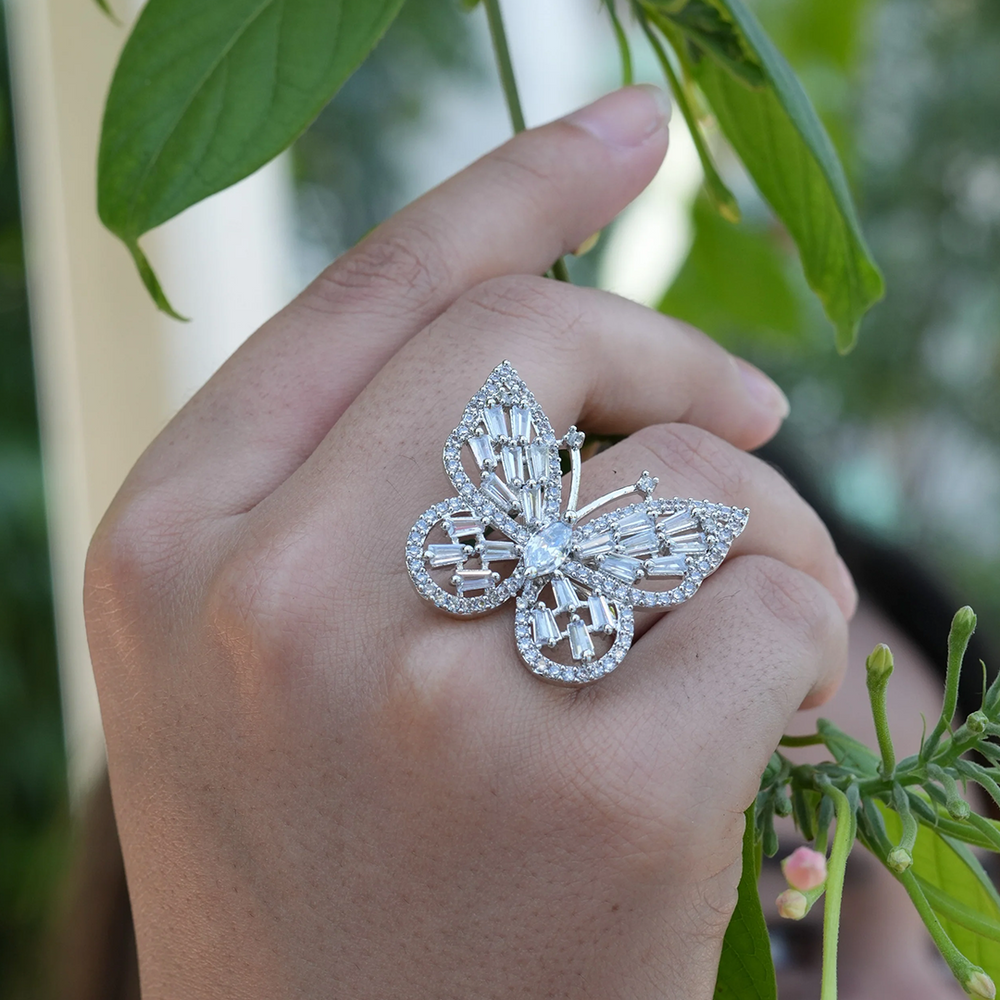 Viora American Diamond Butterfly Adjustable 925 Silver Ring
