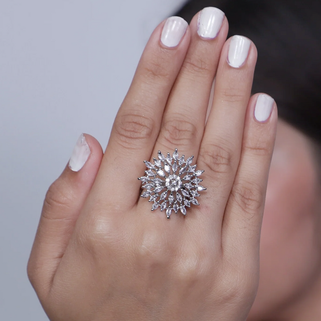 Vioras Starburst American Diamond Ring – Rhodium Plated