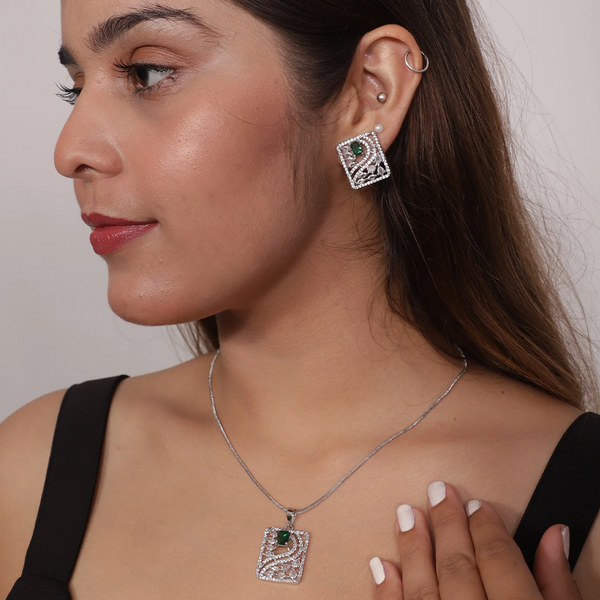 Viora Green Stone with American Diamond Pendant Set