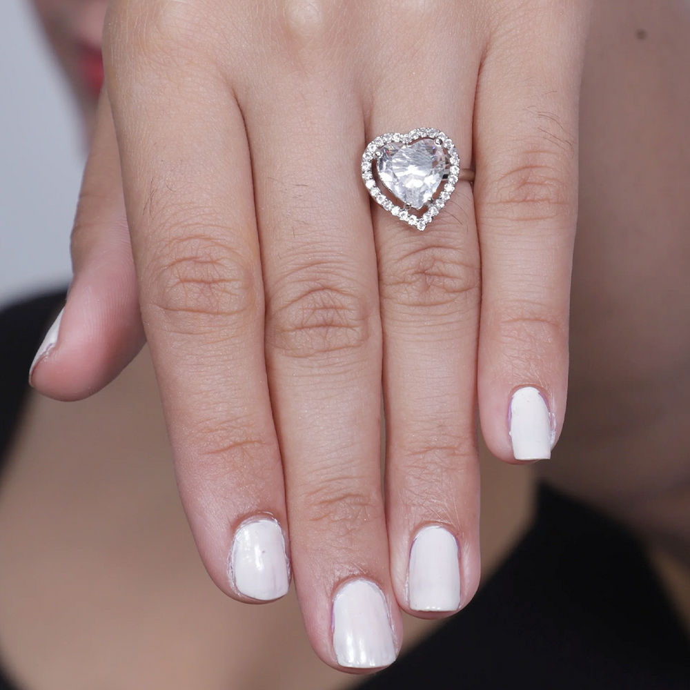 Viora Rhodium-Plated Heart-Shaped American Diamond Stone Ring