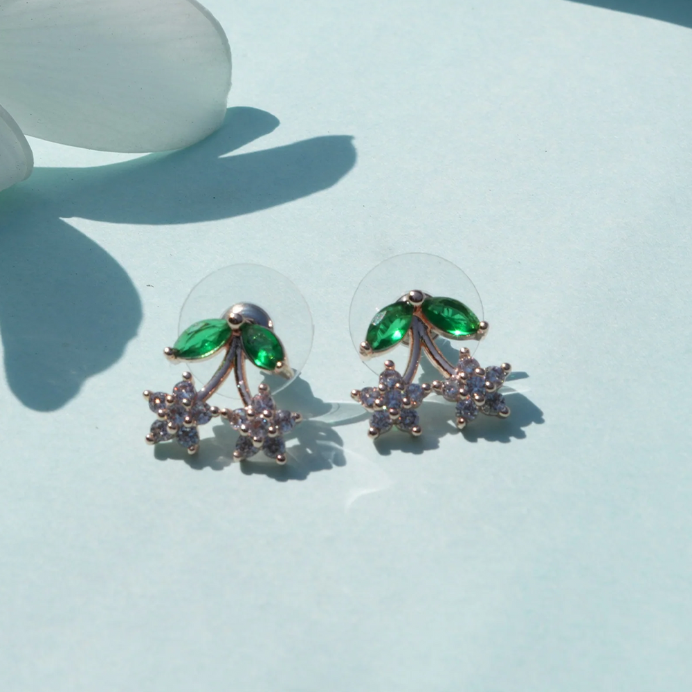 Viora's 925 Silver Green Leaf & Floral Stud Earrings