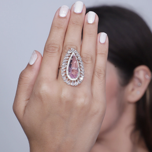 Viora Rhodium-Plated Blush Pink American Diamond Ring - Adjustable Size