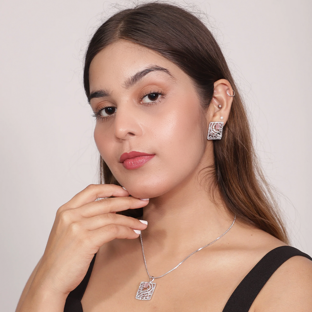 Viora's Pink Stone with American Diamond Pendant Set