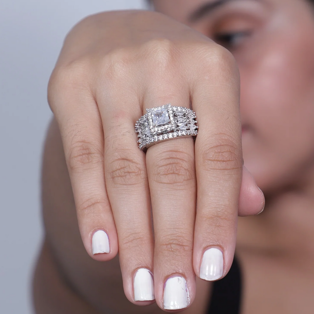 Rhodium-Plated American Diamond Ring - Adjustable Size