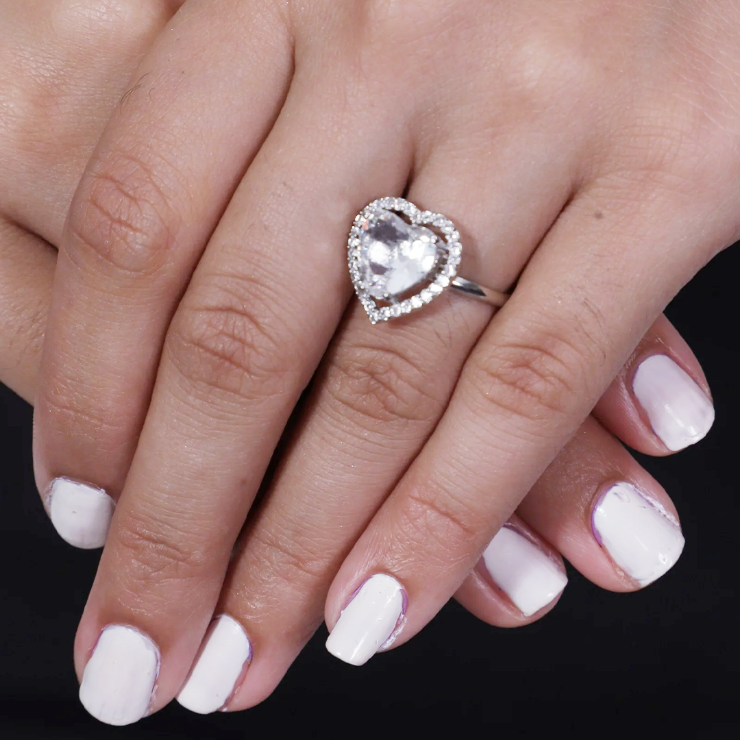 Viora Rhodium-Plated Heart-Shaped American Diamond Stone Ring