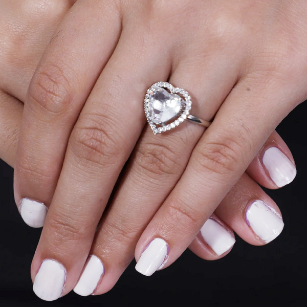 Viora Rhodium-Plated Heart-Shaped American Diamond Stone Ring