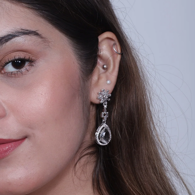 Vioras Rhodium Plated American Diamond Earring Set