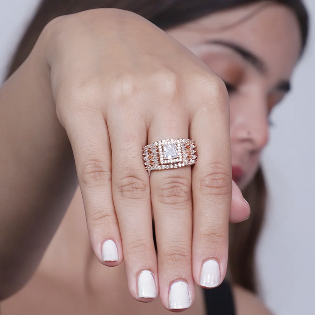 Vioras Square Halo American Diamond Ring – Rose Gold