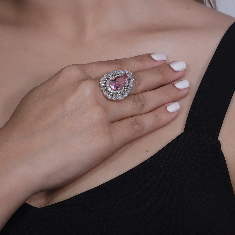 Viora Rhodium-Plated Blush Pink American Diamond Ring - Adjustable Size