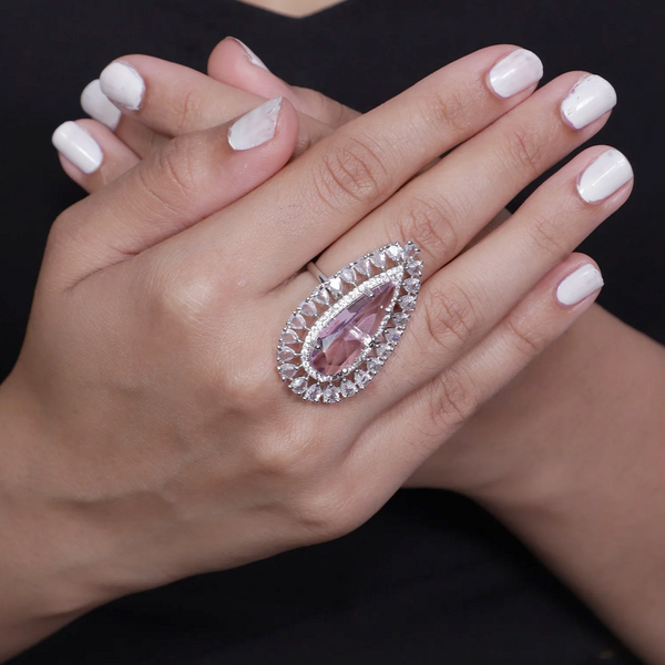 Viora Rhodium-Plated Blush Pink American Diamond Ring - Adjustable Size