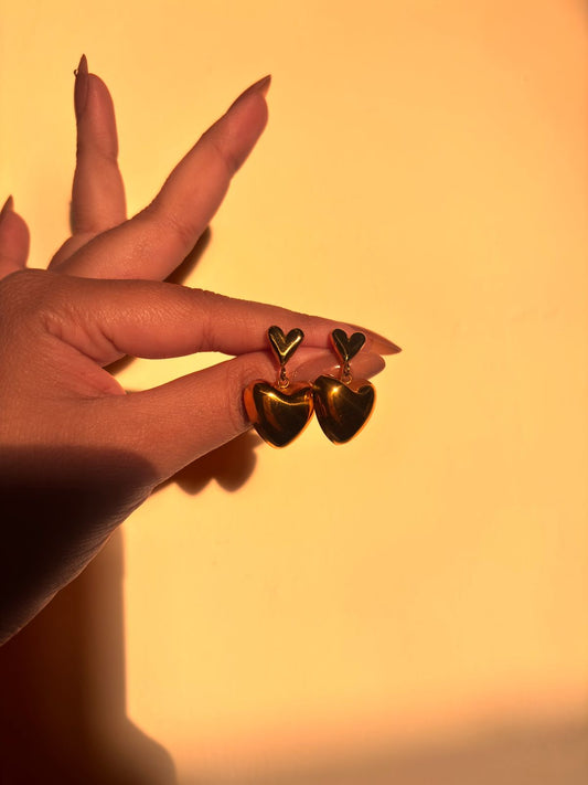 Golden Double Heart Drop Earrings