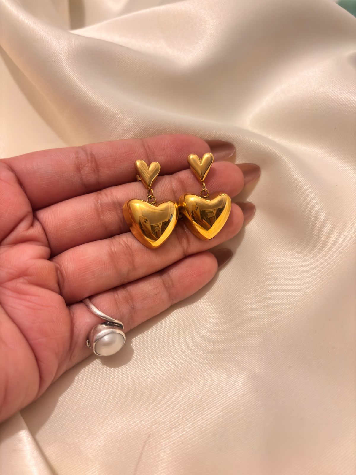 Golden Double Heart Drop Earrings