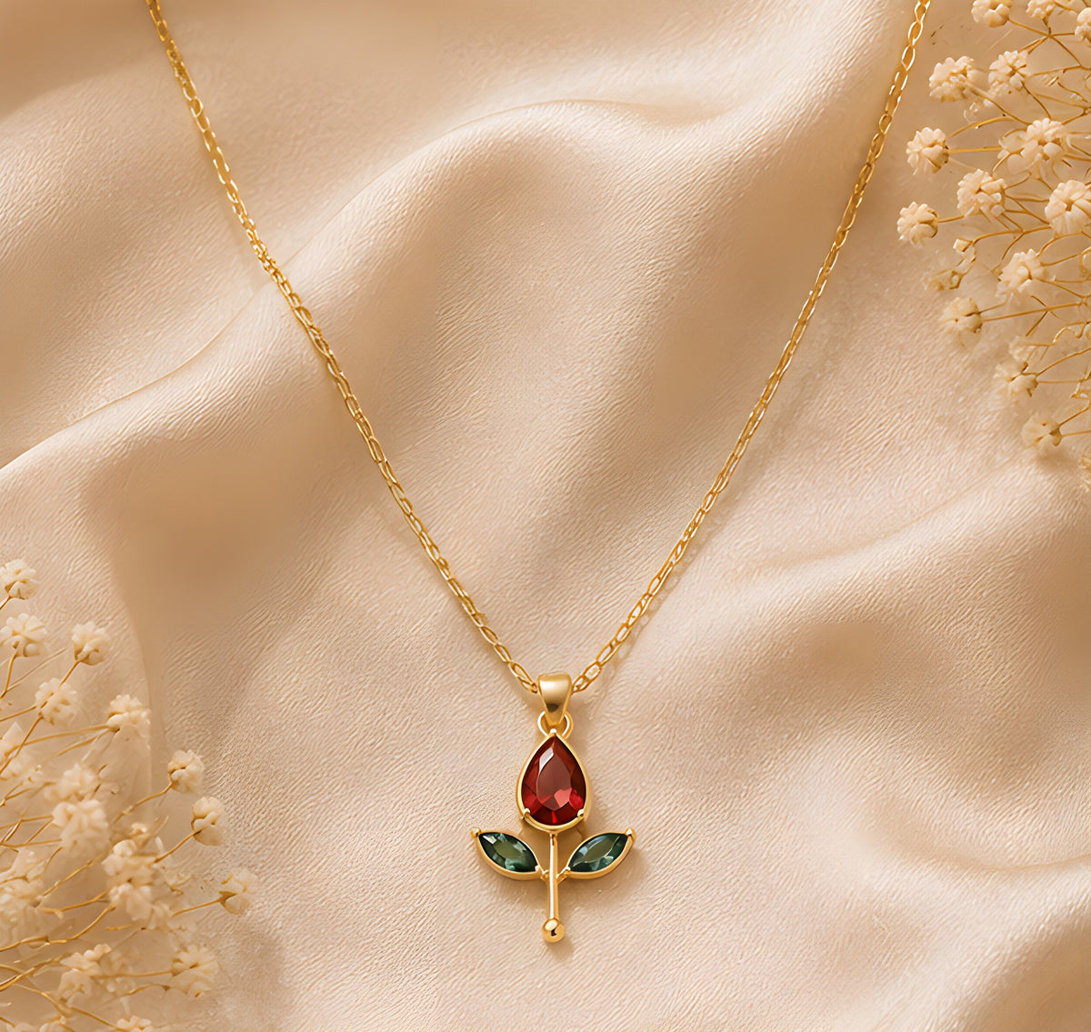 Vioras red tulip pendant with red pear-shaped stone and green leaf stones in gold