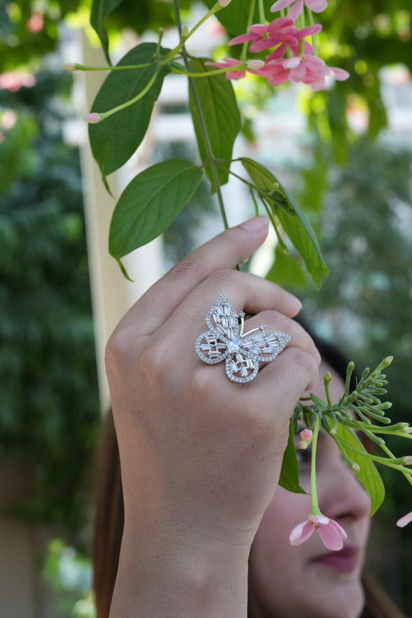 Viora American Diamond Butterfly Adjustable 925 Silver Ring