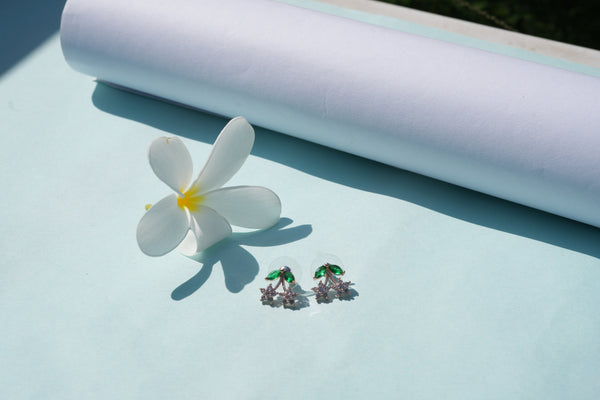 Viora's 925 Silver Green Leaf & Floral Stud Earrings