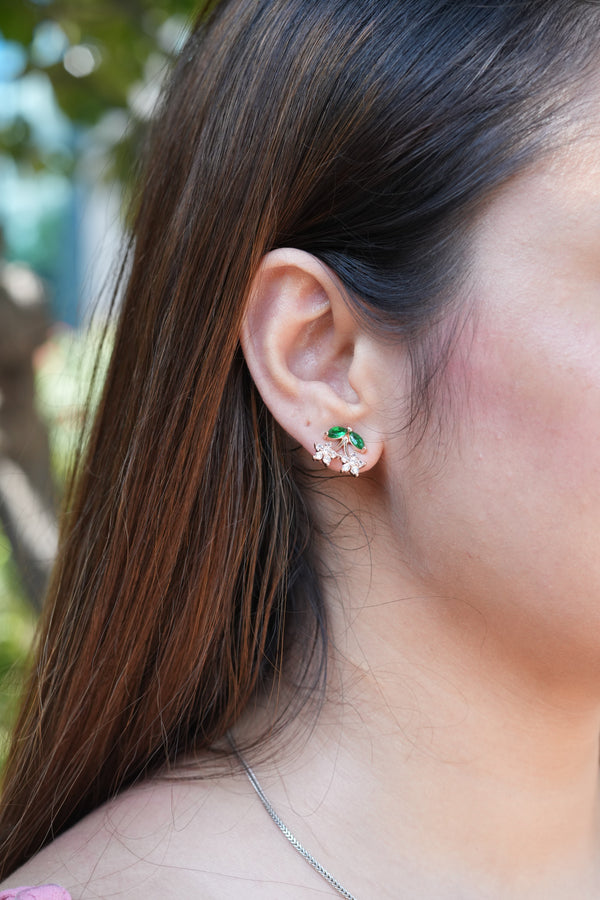 Viora's 925 Silver Green Leaf & Floral Stud Earrings