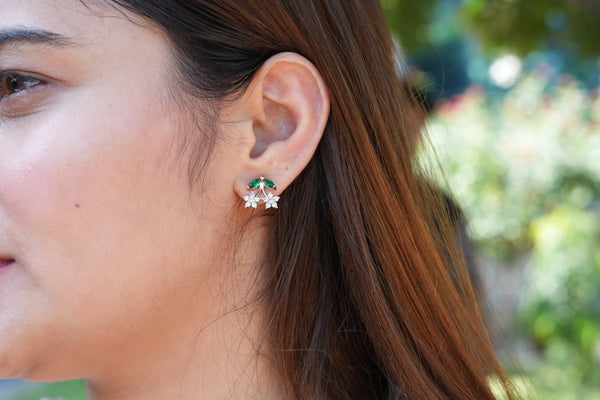 Viora's 925 Silver Green Leaf & Floral Stud Earrings
