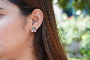 Viora's 925 Silver Green Leaf & Floral Stud Earrings