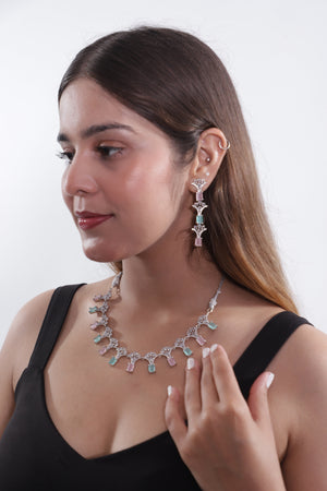Viora’s Silver-Plated American Diamond Set with Mint & Pink Stones