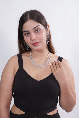 Viora’s Silver-Plated American Diamond Set with Mint & Pink Stones