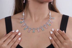 Viora’s Silver-Plated American Diamond Set with Mint & Pink Stones