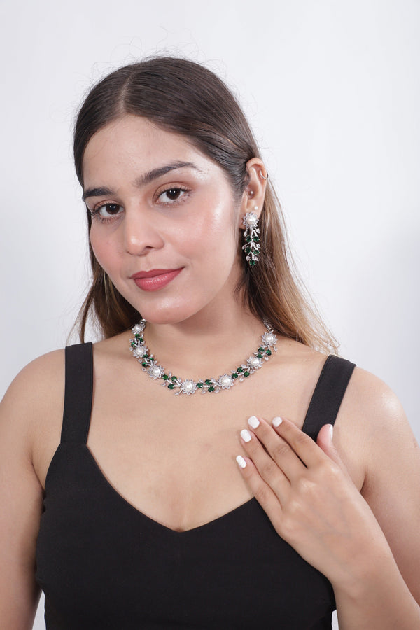 Viora’s Green American Diamond Set with Pearl