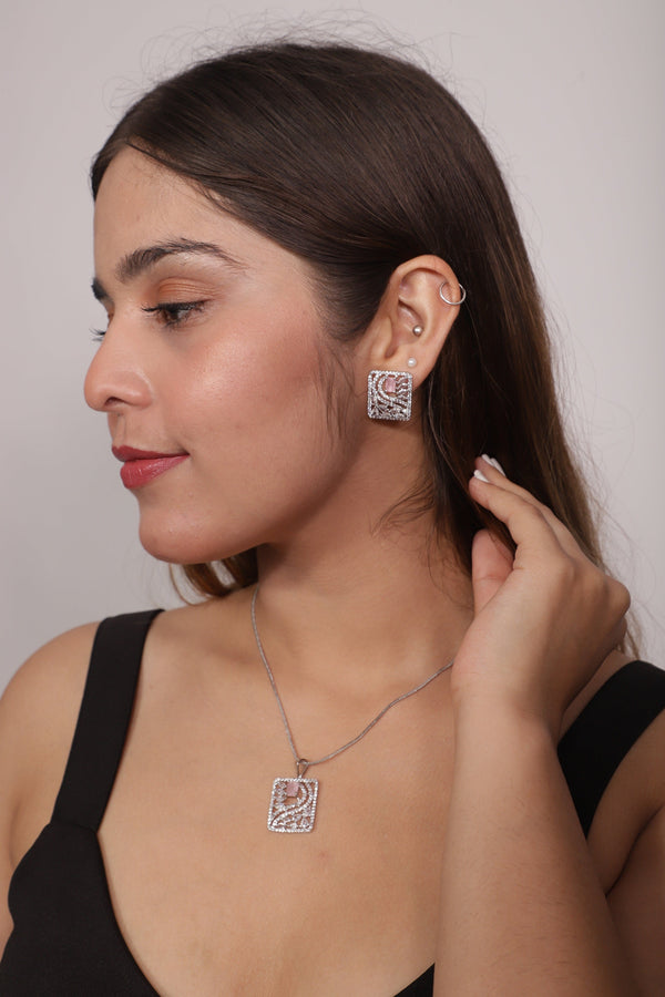 Viora's Pink Stone with American Diamond Pendant Set