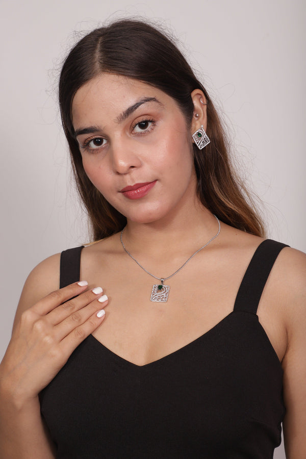 Viora Green Stone with American Diamond Pendant Set