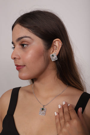 Viora Green Stone with American Diamond Pendant Set