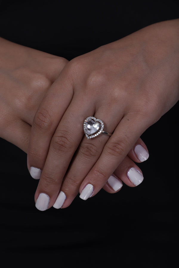 Viora Rhodium-Plated Heart-Shaped American Diamond Stone Ring