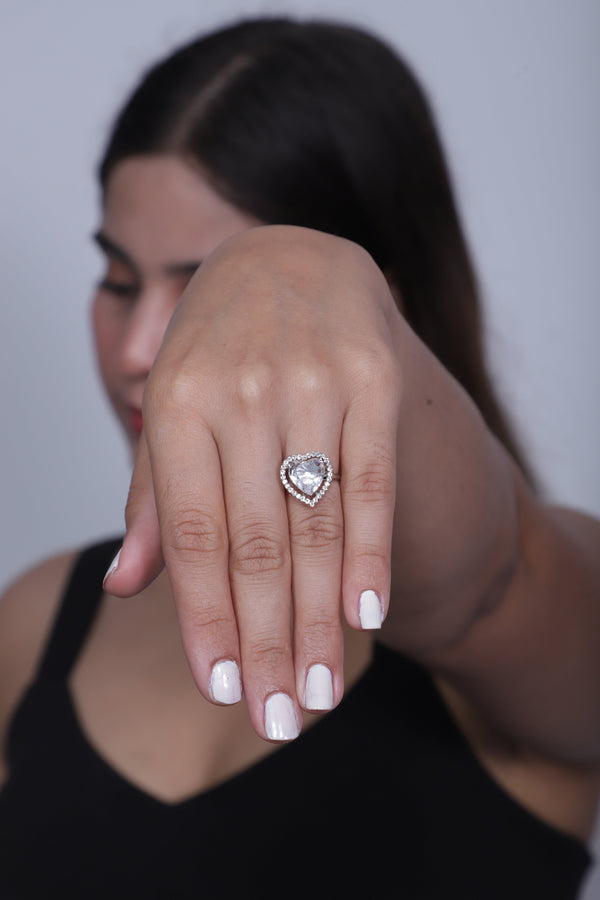 Viora Rhodium-Plated Heart-Shaped American Diamond Stone Ring