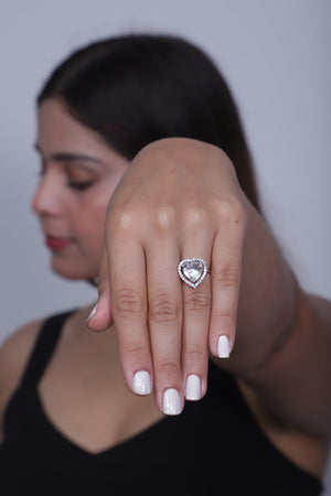 Viora Rhodium-Plated Heart-Shaped American Diamond Stone Ring