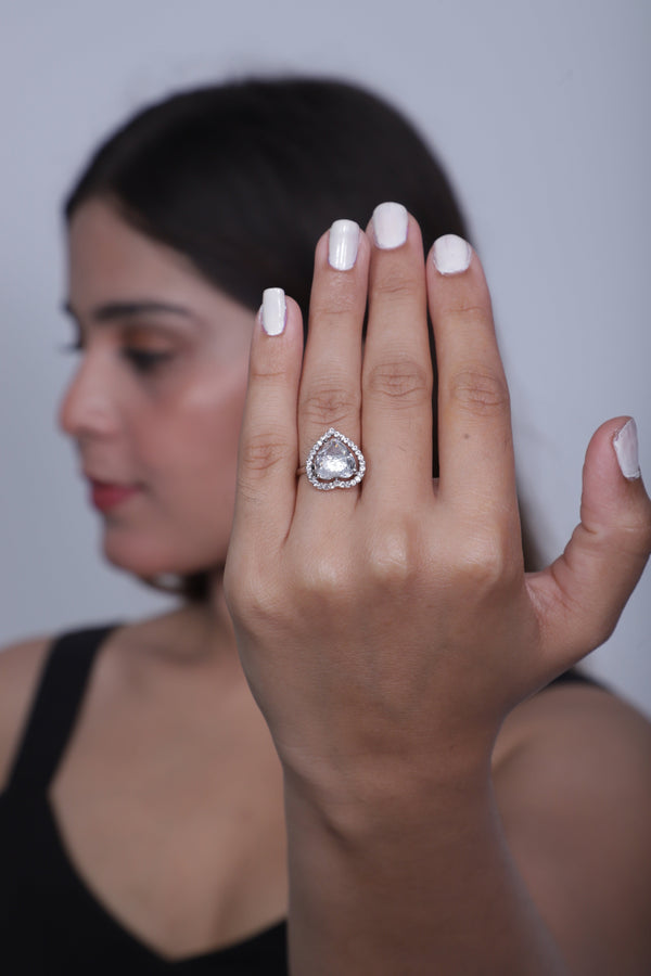 Viora Rhodium-Plated Heart-Shaped American Diamond Stone Ring