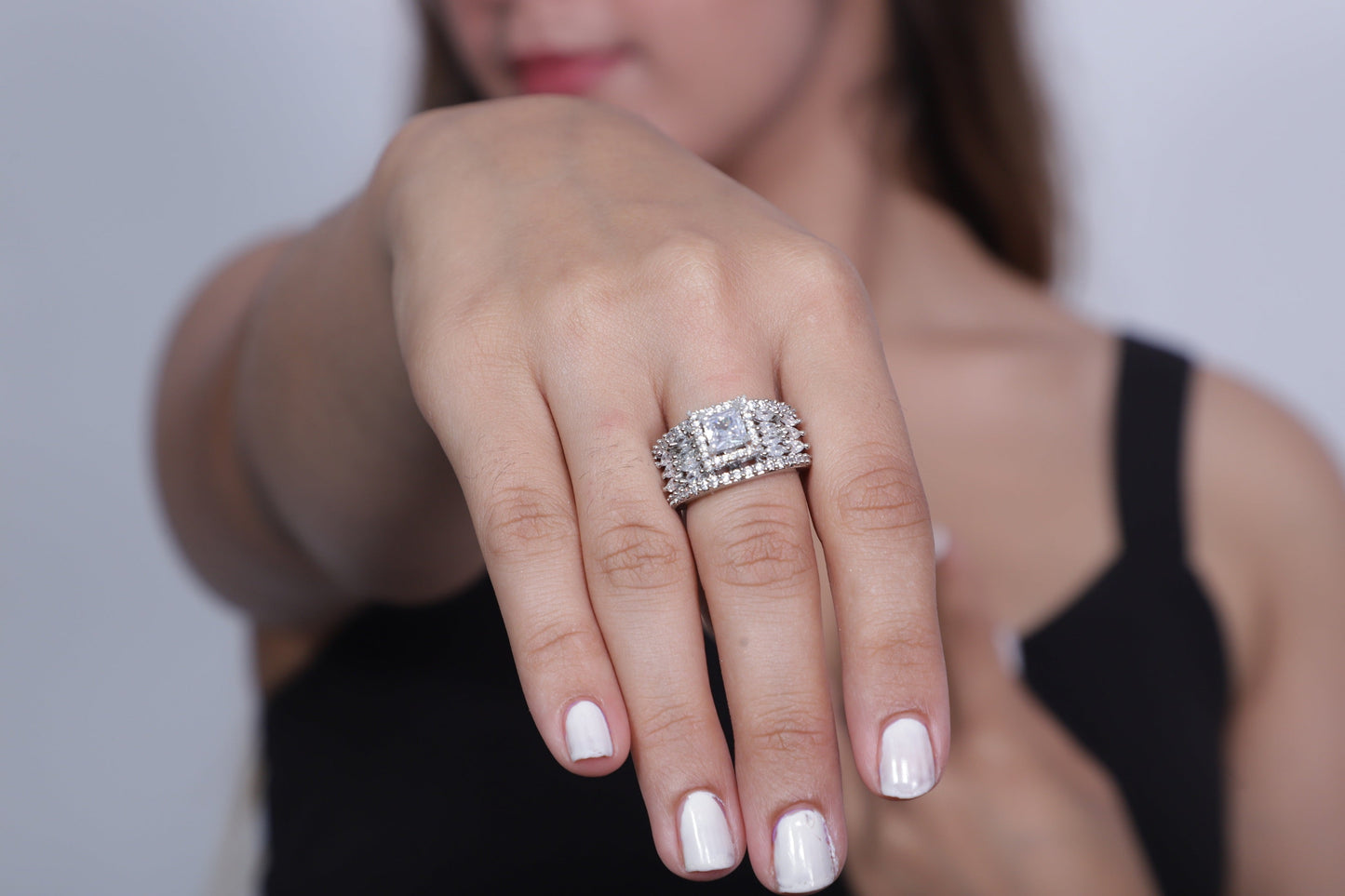 Rhodium-Plated American Diamond Ring - Adjustable Size