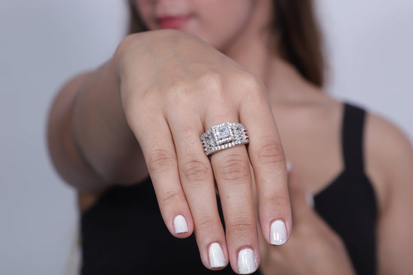 Rhodium-Plated American Diamond Ring - Adjustable Size