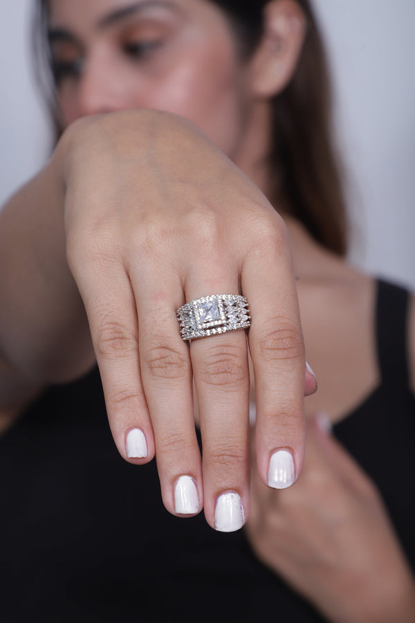 Rhodium-Plated American Diamond Ring - Adjustable Size