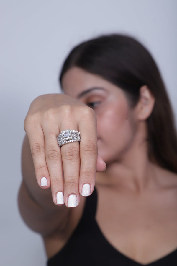 Rhodium-Plated American Diamond Ring - Adjustable Size