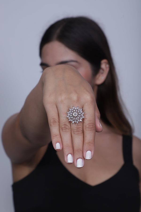 Viora Rhodium-Plated Adjustable Ring with Sparkling American Diamonds