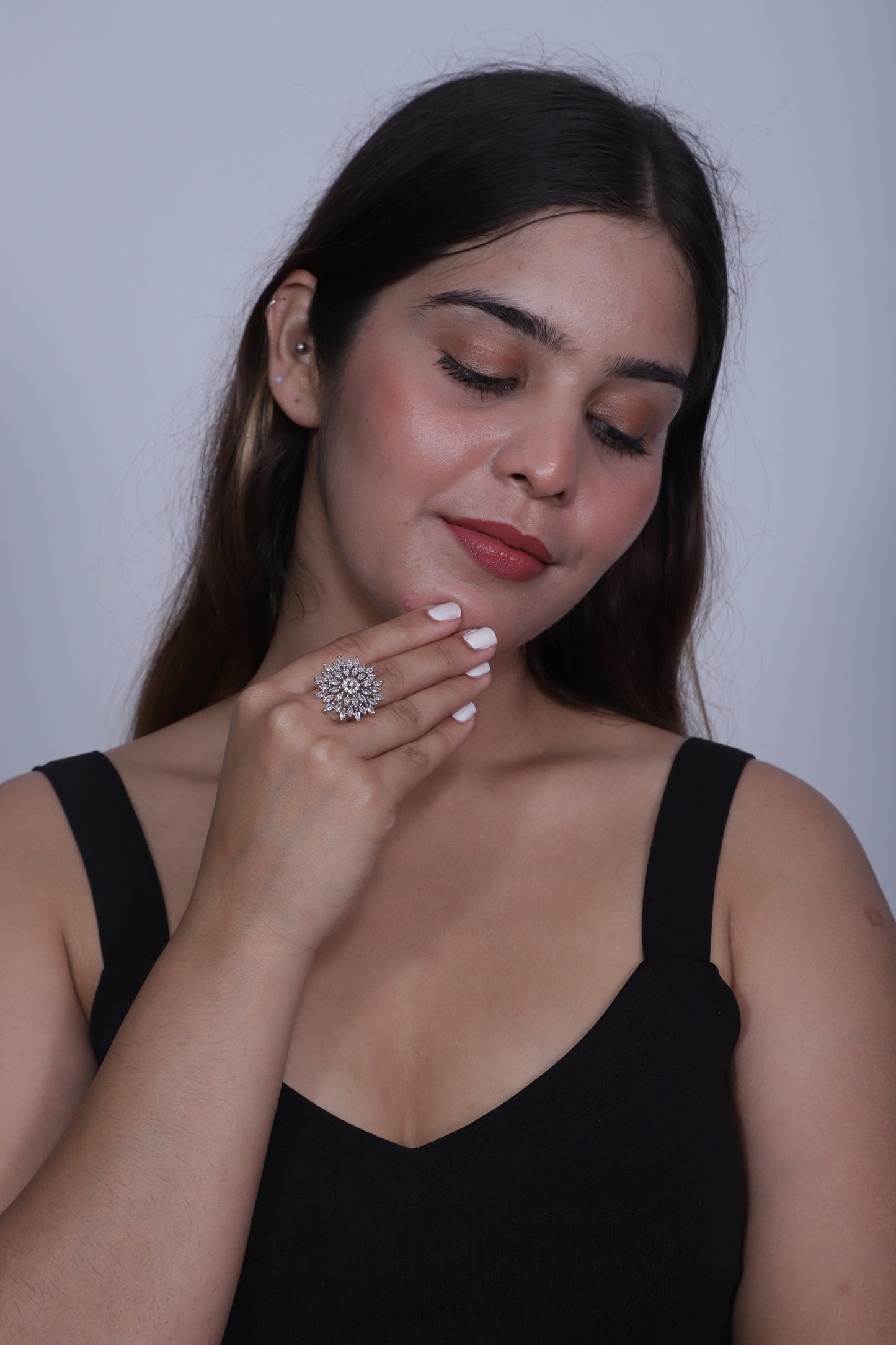 Viora Rhodium-Plated Adjustable Ring with Sparkling American Diamonds