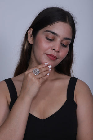 Viora Rhodium-Plated Adjustable Ring with Sparkling American Diamonds