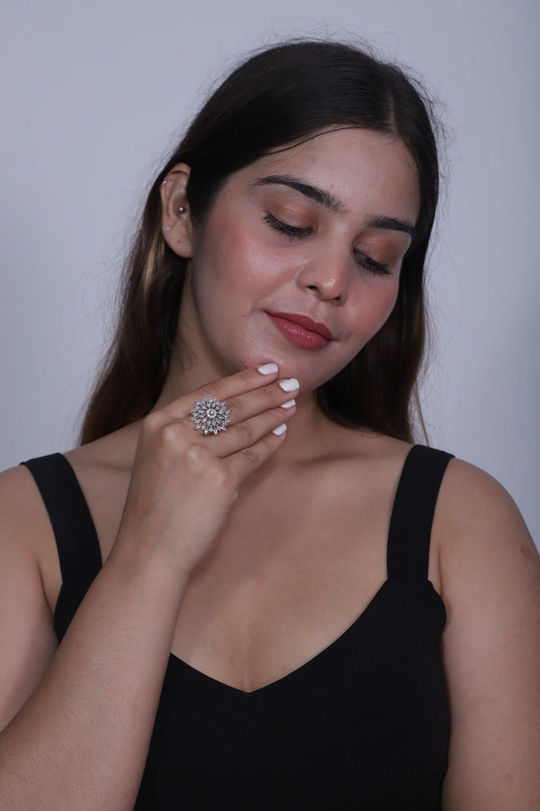 Viora Rhodium-Plated Adjustable Ring with Sparkling American Diamonds