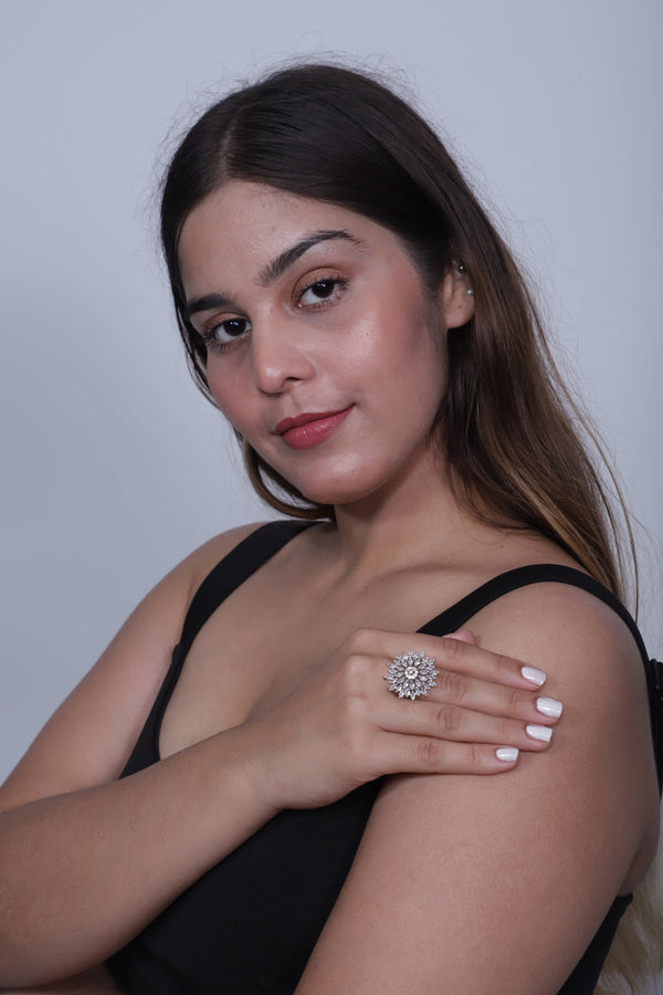 Viora Rhodium-Plated Adjustable Ring with Sparkling American Diamonds