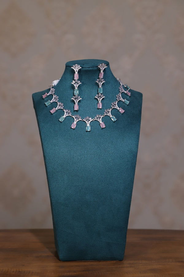 Viora’s Silver-Plated American Diamond Set with Mint & Pink Stones