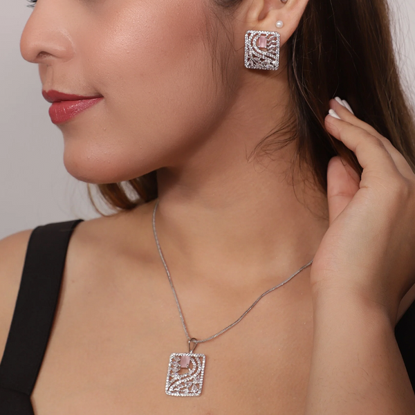 Viora's Pink Stone with American Diamond Pendant Set