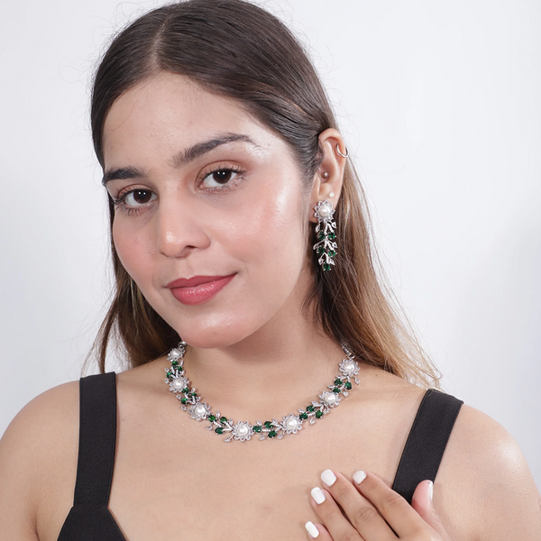 Viora’s Green American Diamond Set with Pearl