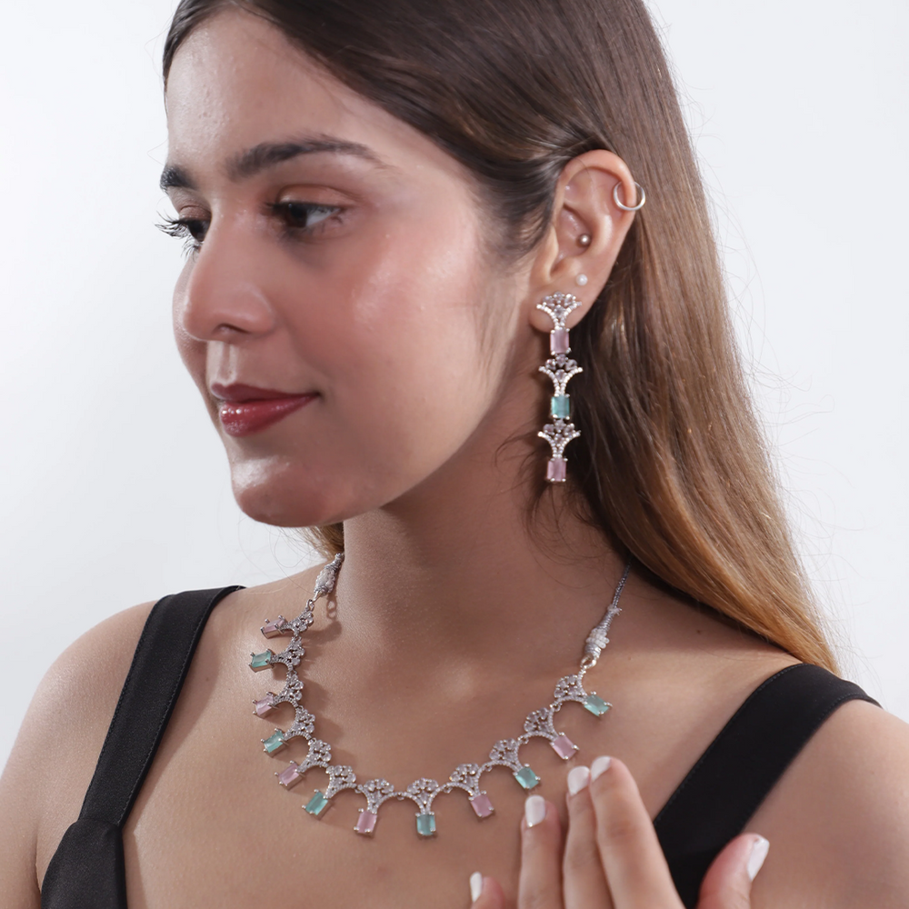 Viora’s Silver-Plated American Diamond Set with Mint & Pink Stones
